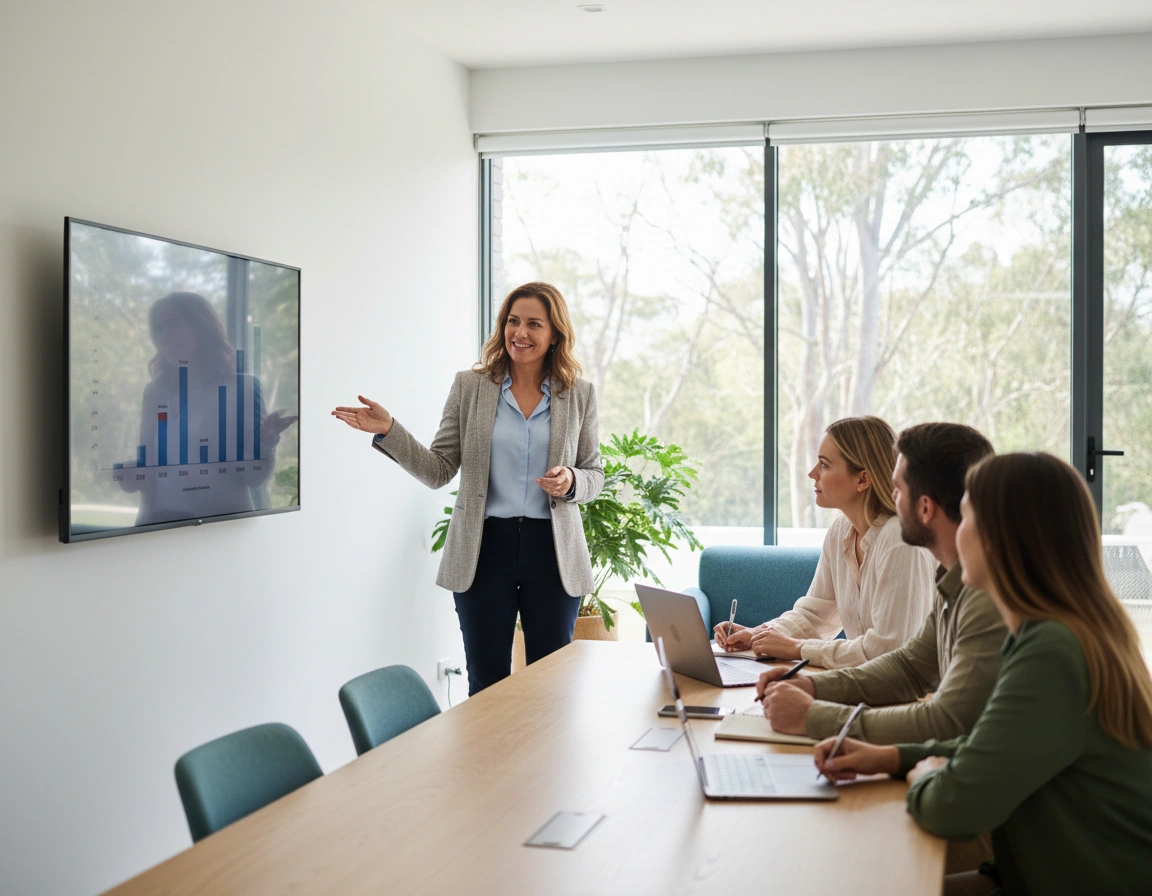 A business owner presenting to their own team